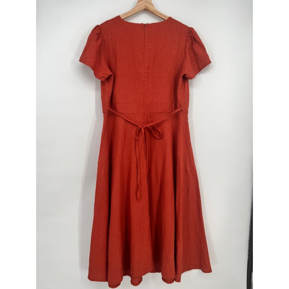 Linen Handmade Studio A Line Sicily Dress Womens 16 Red Clay V Neck Midi READ - Picture 2 of 11